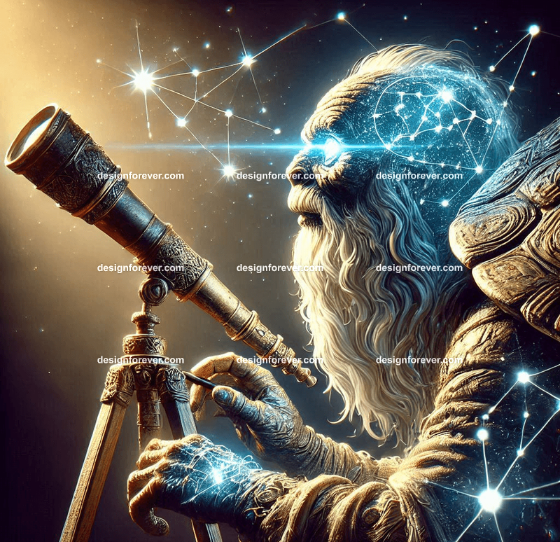 A wise old turtle with a constellation map glowing on its shell, observing the stars through a magical telescope