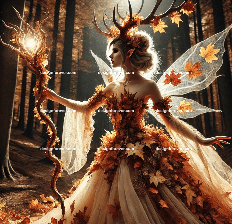 A regal fairy queen with antlers and a dress made of autumn leaves, holding a glowing staff in a magical forest
