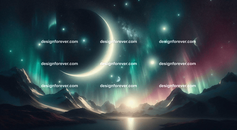 A celestial nightscape with a glowing crescent moon, twinkling stars, and soft auroras