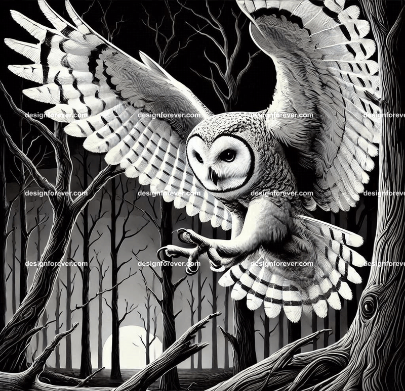 owl swooping down for prety in creepy dark woods with dead trees