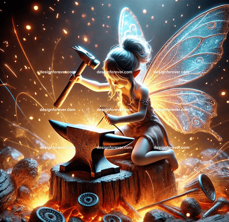 "A tiny fairy hammering glowing metal on a miniature forge, surrounded by enchanted tools and glowing embers