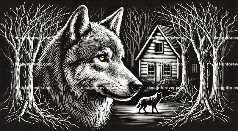 a wolf staring at cottage in woods in a creepy dark woods with dead trees