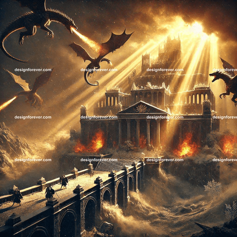 Storm dragons assaulting palace defended by mages in winter
