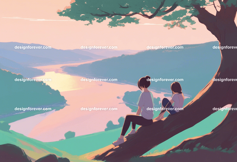 teen girl with a girl friend on tree branch of big old tree looking down at river
