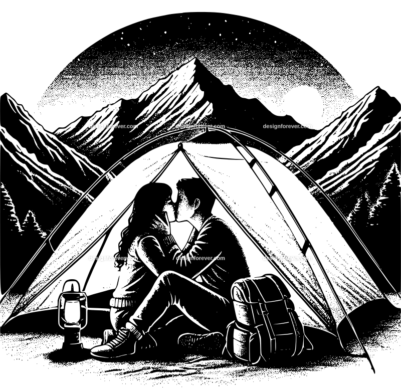 a young couple kissing in tent at night on top of mountains