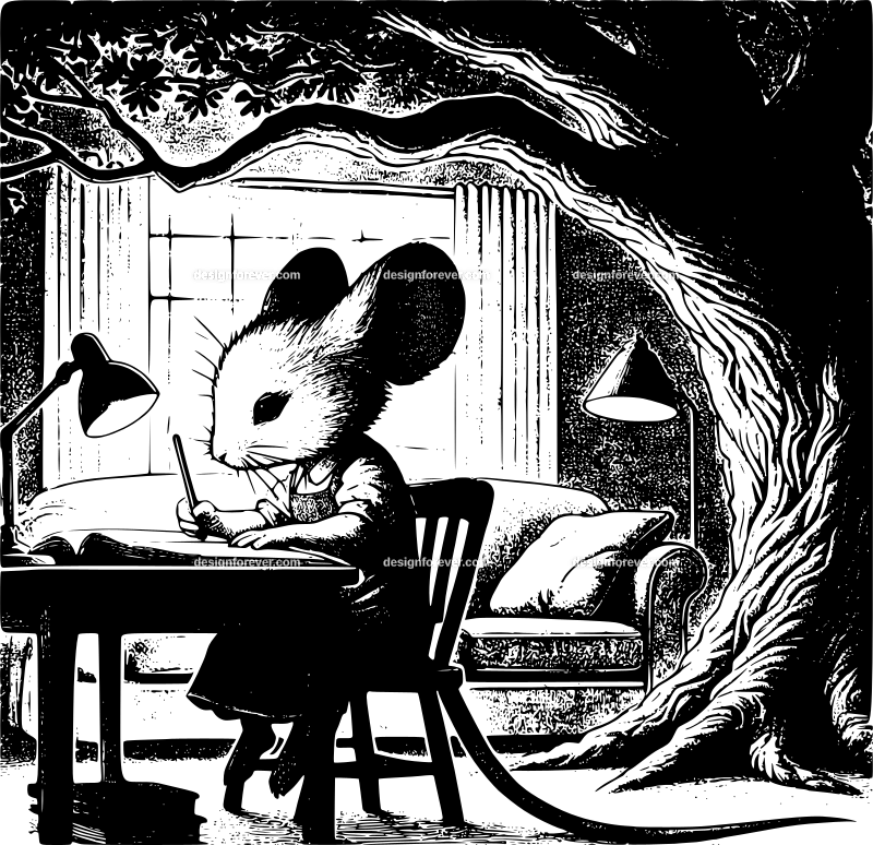 anthromorphic mouse's daughter doing homework inside living room in an old oak tree