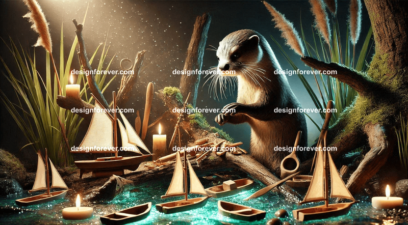 An otter crafting miniature boats from driftwood, surrounded by enchanted tools and glowing river reeds