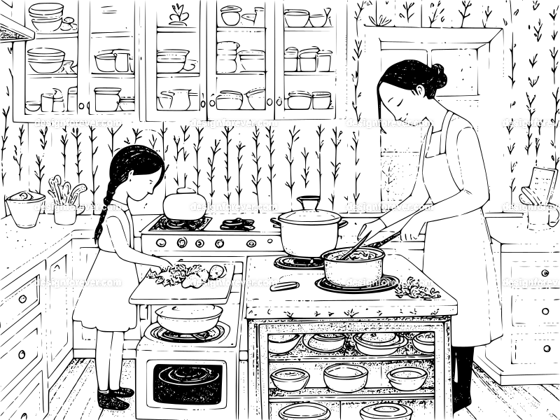 mom cooking vegetable soup in kitchen helped by daughter