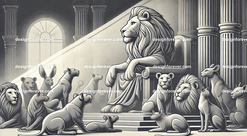 An allegorical piece where a lion king presides over a court of animals