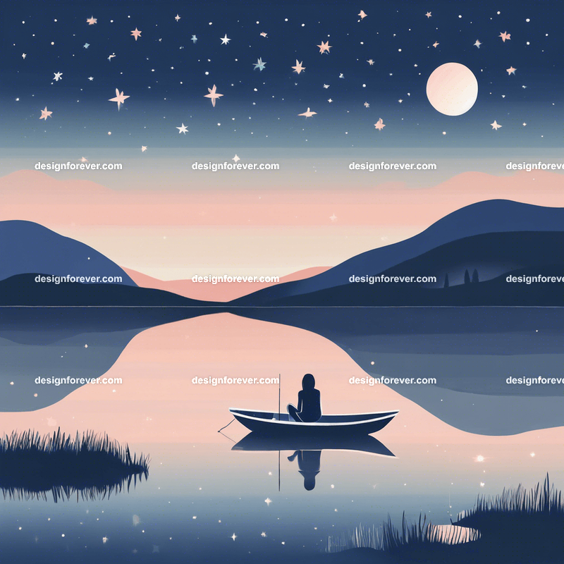 young woman on kayak on calm lake deep dark blue evening sky with stars