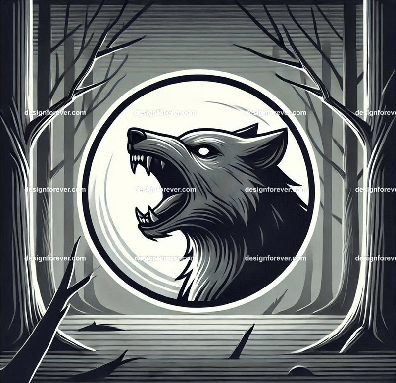 A wolf baring its teeth in a creepy forest with dead trees, barely visible except for its bright eye masked within perfect circle