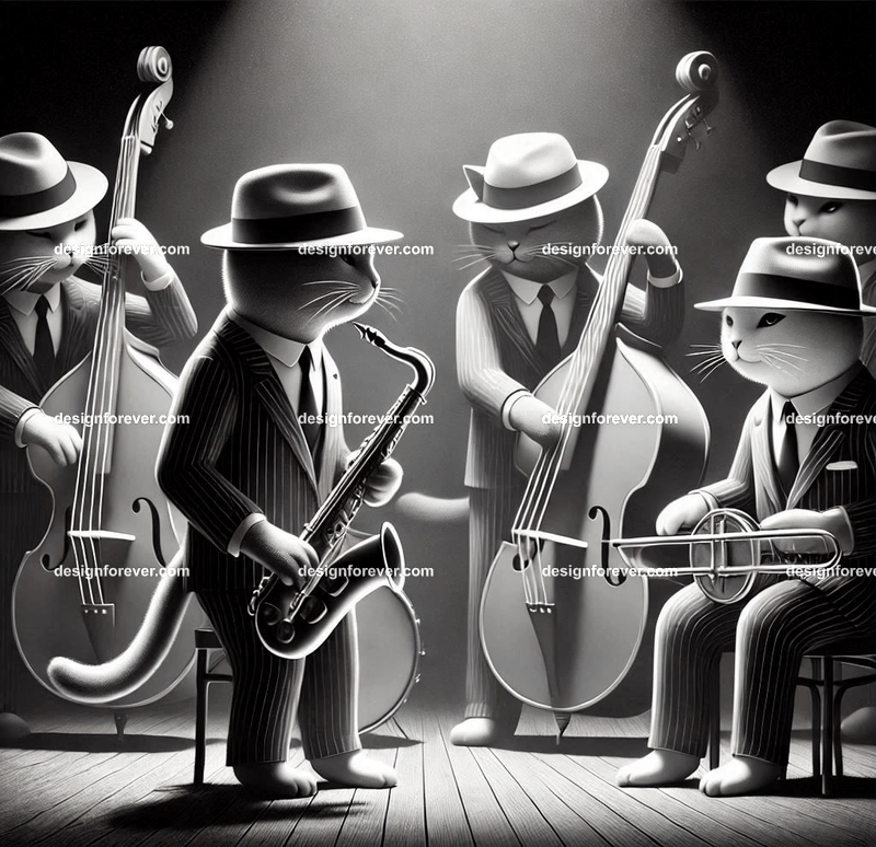 Anthropomorphs cats as 1920s jazz musicians with suits, fedoras, and instruments in dark smoky room