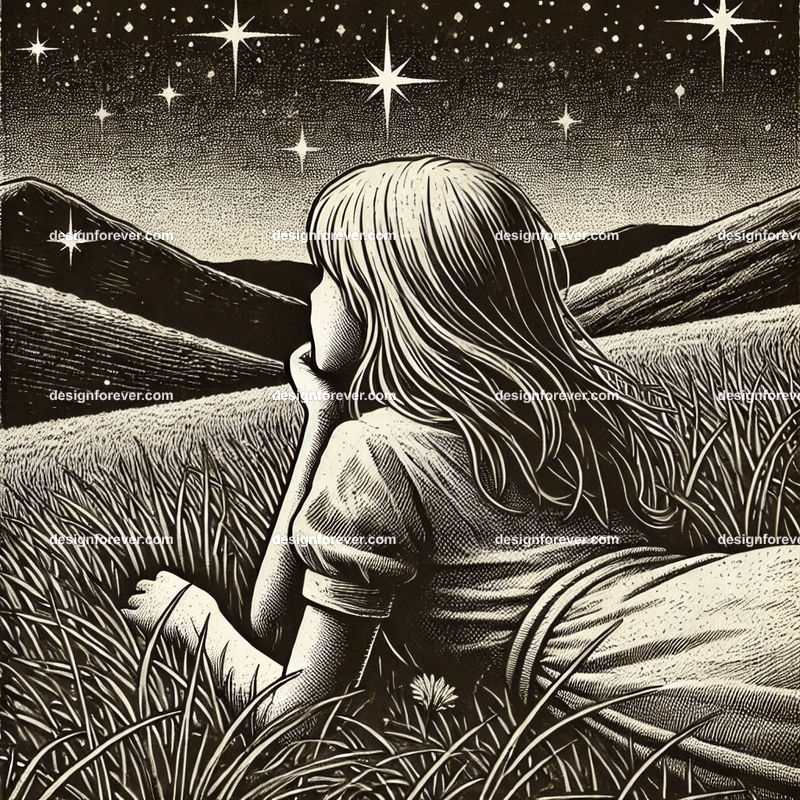 girl lying on hillside grass next to cat staring at stars