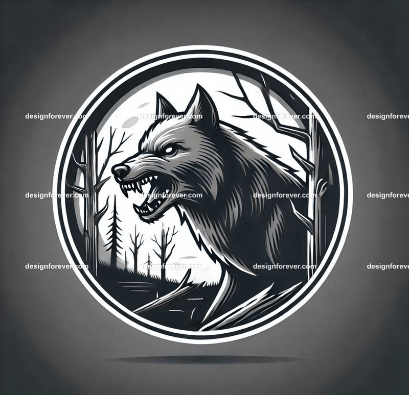 round frame depicting A wolf baring its teeth in a creepy forest with dead trees