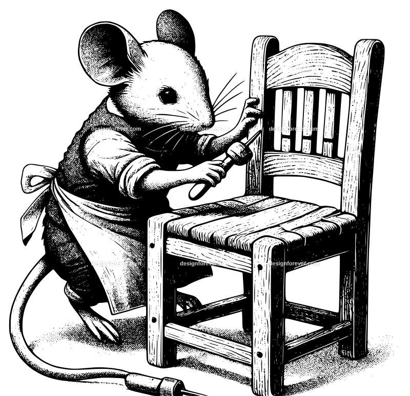 anthromorphic mouse repairing wooden chair