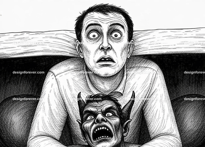 expression of pure fright as man confronts demon under his bed