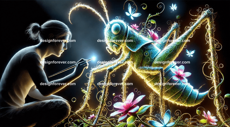 A grasshopper designing intricate, glowing structures made of vines and flowers for woodland creatures
