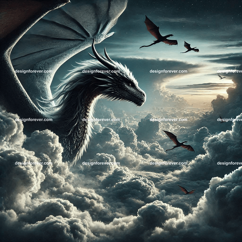 The flight of the dragons above majestic clouds and dark sky