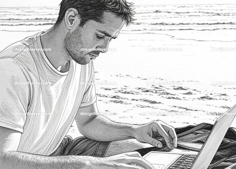 remote worker enjoying beach