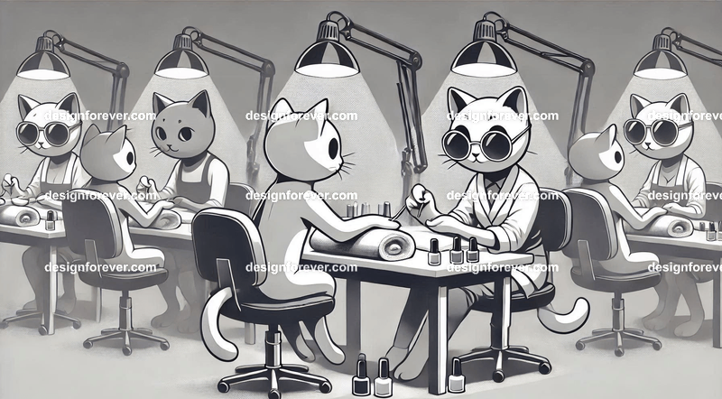 Anthropomorphs cats doing nails in nail salon for people