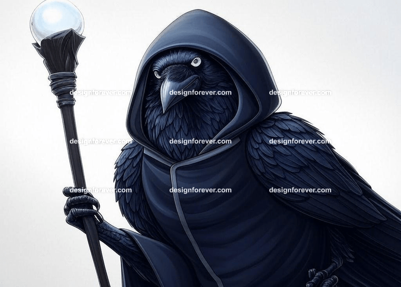 Mysterious raven in a dark hooded cloak