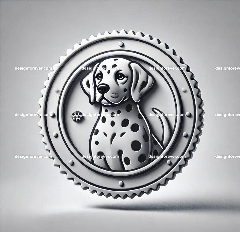 dalmation within a circular seal in pure white background