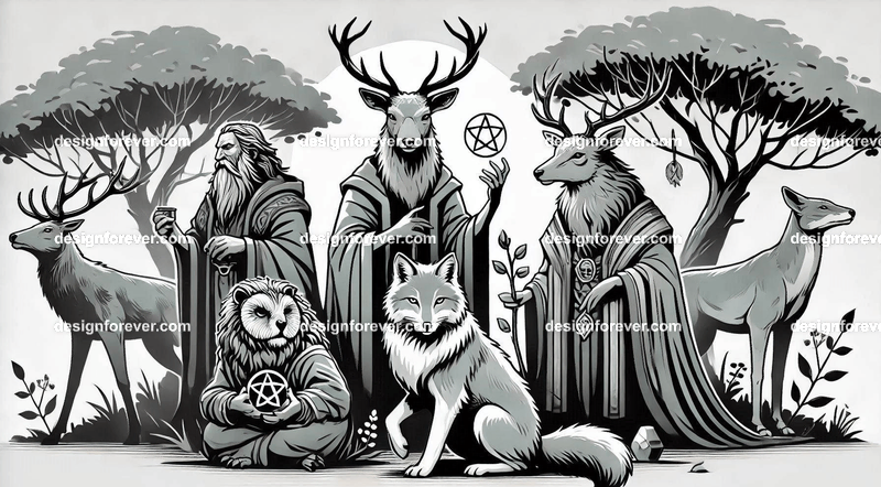 Woodland animals personified as wise, druidic protectors of nature