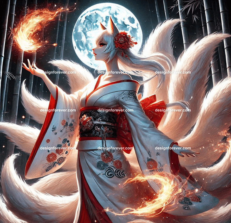 Kitsune in a silk kimono, with multiple tails glowing faintly, surrounded by mystical foxfire in moonlit forest bamboos