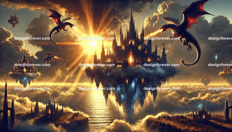 Storm dragons assaulting floating quartz palace in twilight void