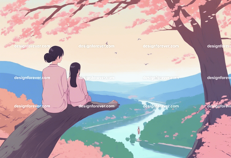 teen girl with a girl friend on tree branch of big old tree looking down at river