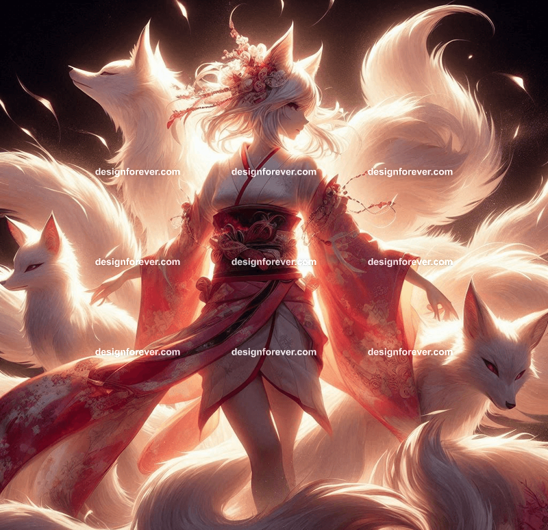 Kitsune in a silk kimono, with multiple tails glowing faintly, surrounded by mystical foxfire
