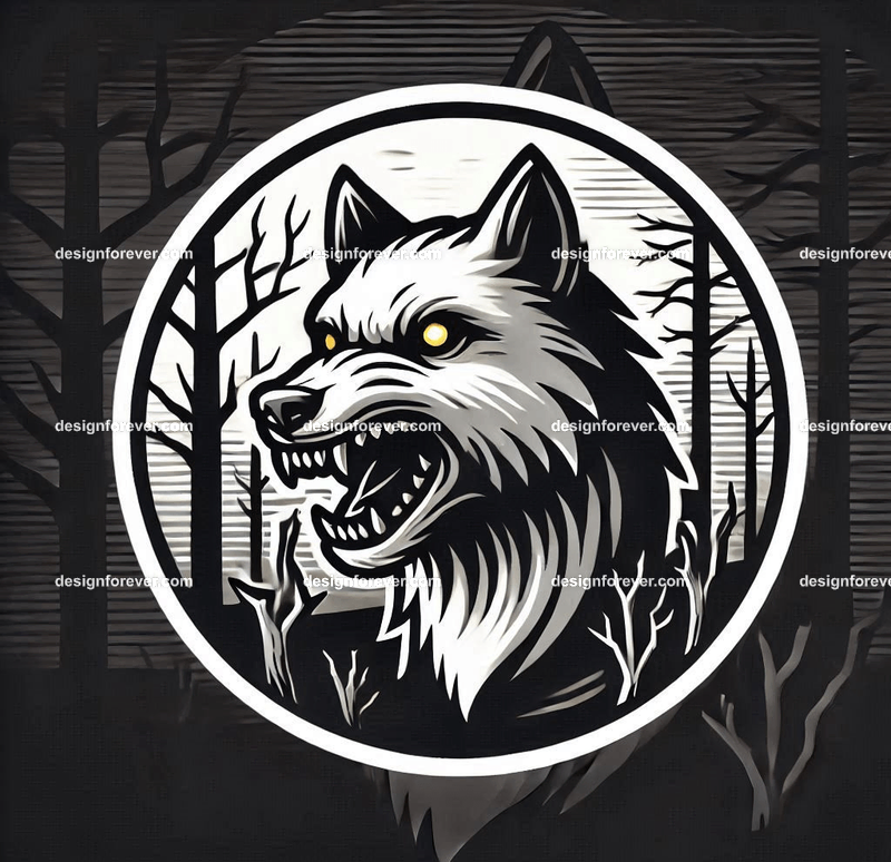 A wolf baring its teeth in a creepy forest with dead trees, barely visible except for its bright eyes