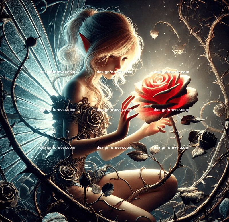 A fairy guarding a glowing, enchanted rose protected by a barrier of thorny vines
