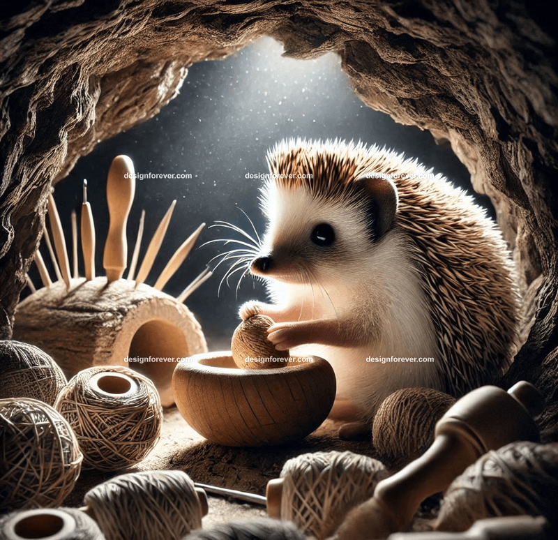 hedgehog living within a cave making crafts