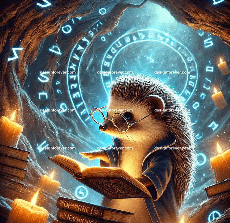 A hedgehog wearing tiny reading glasses, cataloging magical books in a hollow tree filled with glowing runes