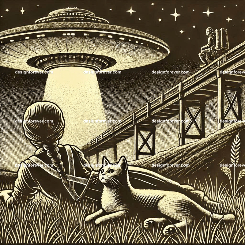 girl lying on hillside grass next to cat staring at spaceship landing nearby