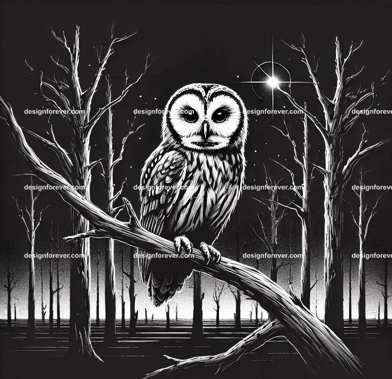 owl on a dead branch in creepy dark woods with dead trees