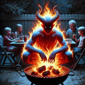 fire demon hiding in firepit in the yard of family bbqing