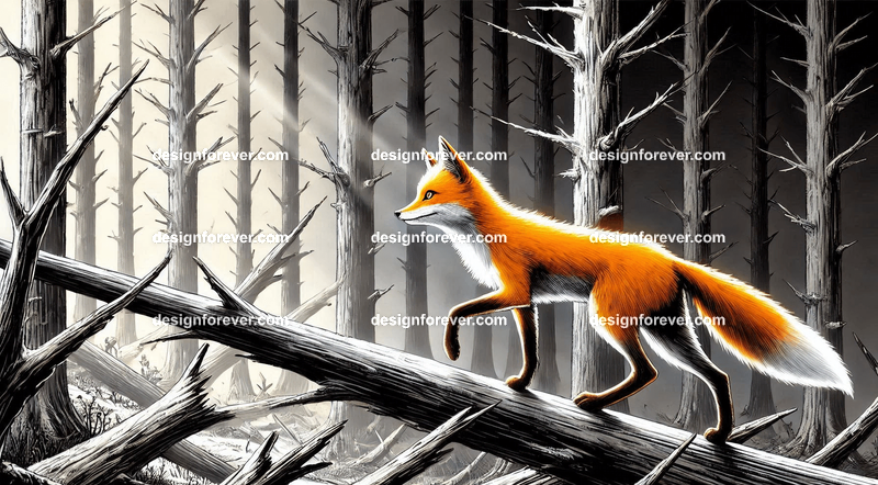 A fox navigating a creep black and white forest and dead trees