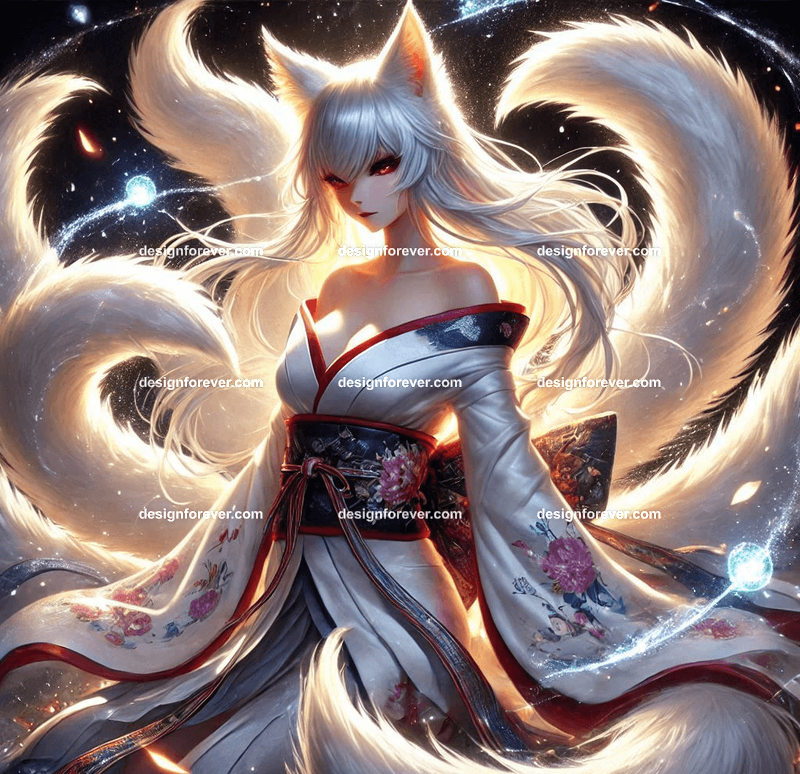 Kitsune in a silk kimono, with multiple tails glowing faintly, surrounded by mystical foxfire