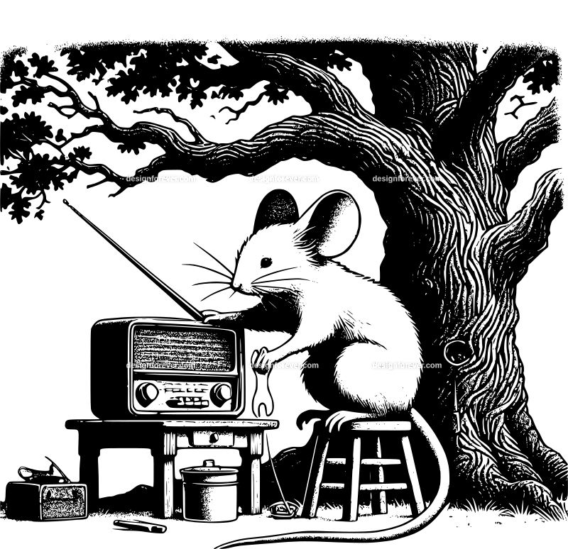 anthromorphic mouse fixing radio in his living room inside an old oak tree