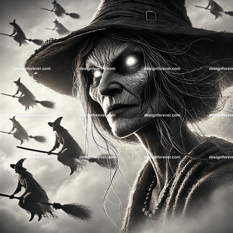 flight of witches in broomsticks in the skies