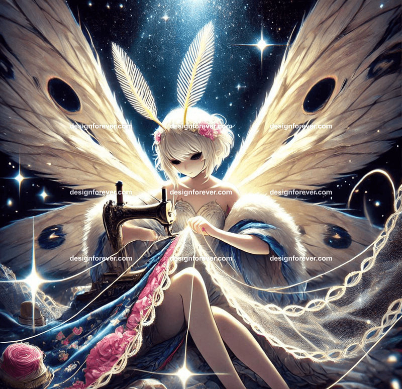 A moth sewing glowing threads into enchanted garments under a canopy of stars