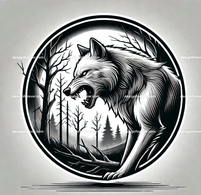 round frame depicting A wolf baring its teeth in a creepy forest with dead trees