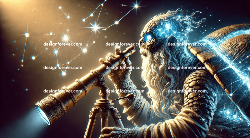 A wise old turtle with a constellation map glowing on its shell, observing the stars through a magical telescope