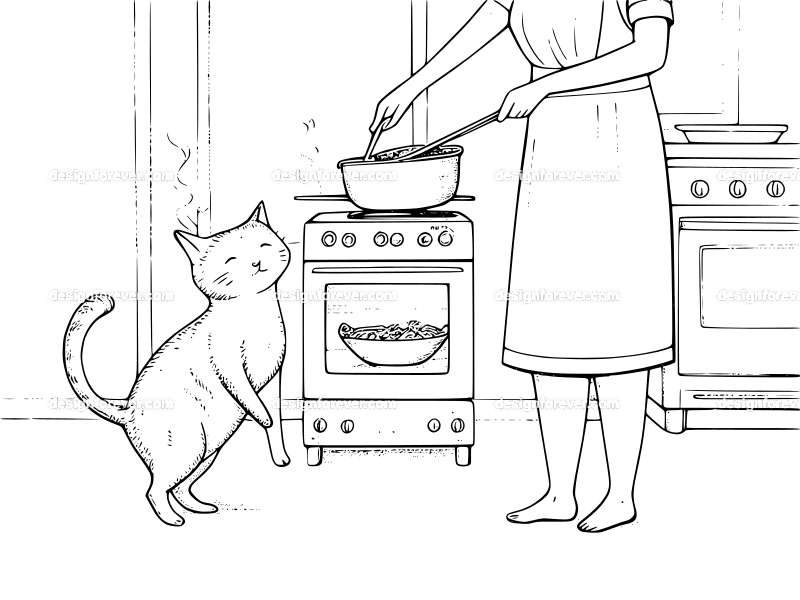 cat rubbing against housewife while she's cooking ramen in kitchen