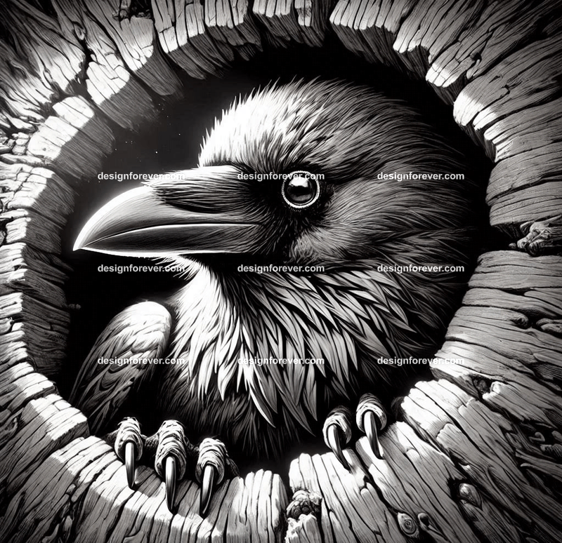 Raven living in tree hole