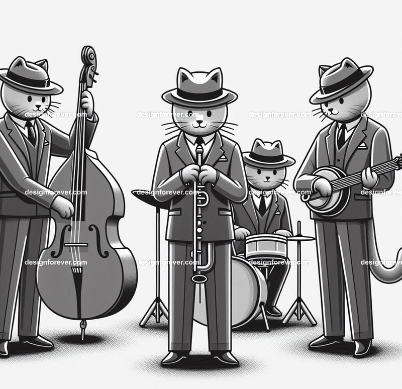 Anthropomorphs as 1920s jazz musicians with suits, fedoras, and instruments