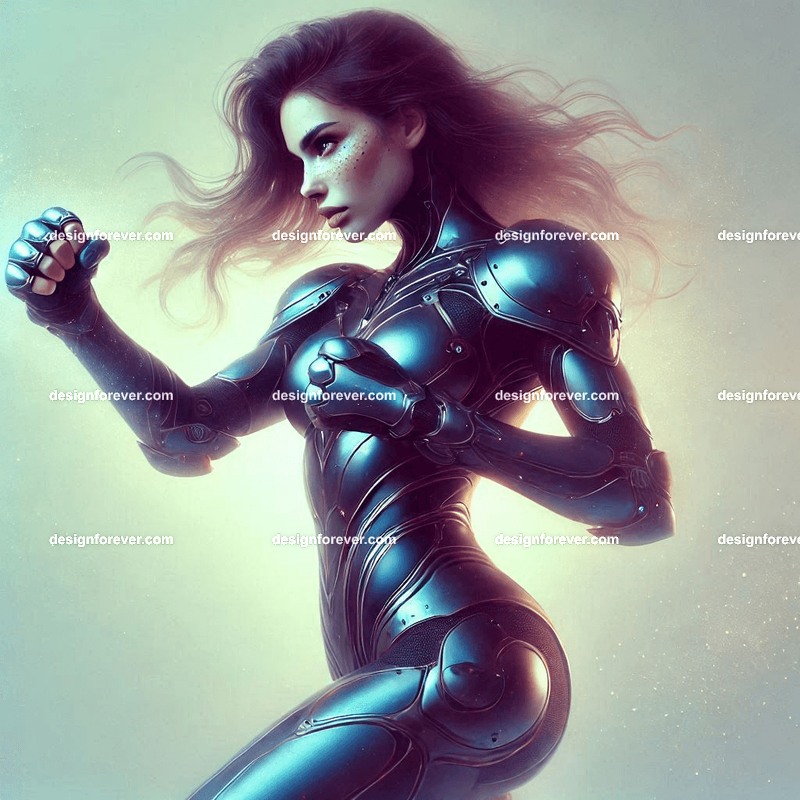 fierce woman in body suit armor punch attack