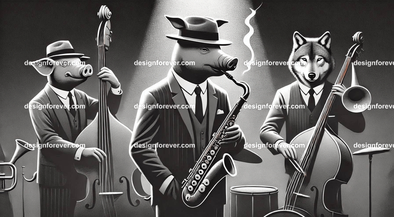 Anthropomorphs pigs and wolves as 1920s jazz musicians with suits, fedoras, and instruments in dark smoky room